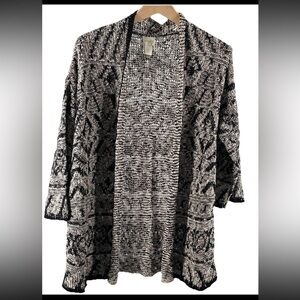 Chico's Size 2 Open Front Cardigan Sweater Black Cream Textured Knit Long